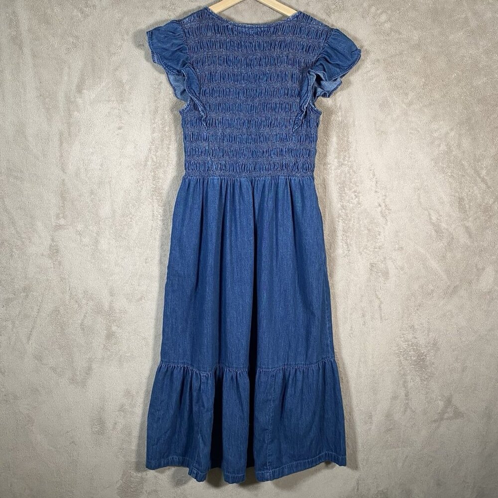 GAP 100% Organic Cotton Denim Ruffle Sleeve Smocked Midi Dress Size S Pockets - Picture 10 of 15